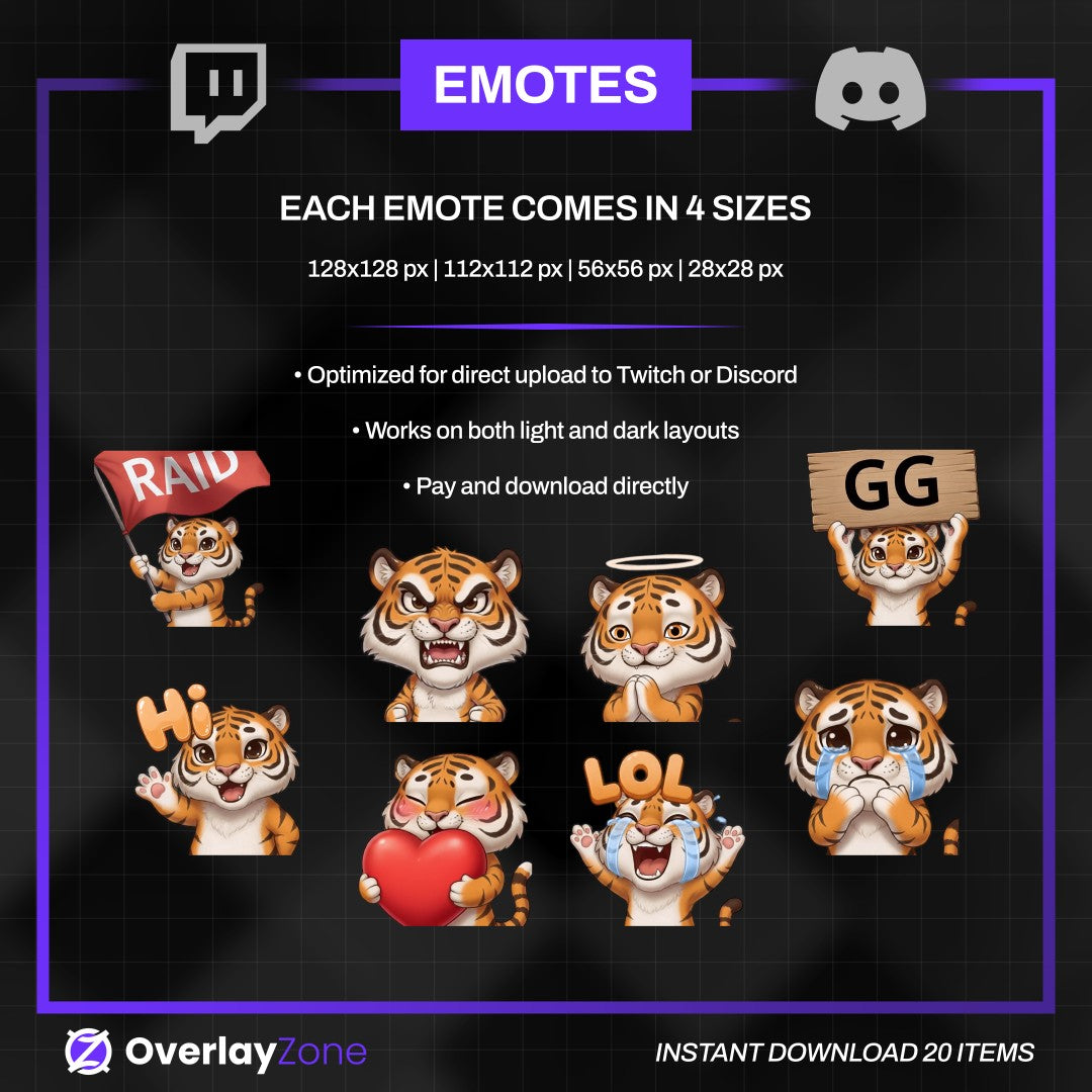 Animated Tiger Emotes Pack | 8 Cute Tiger GIFs for Twitch, Discord | Kawaii Streamer Graphics, Sub Badges | Instant Digital Download