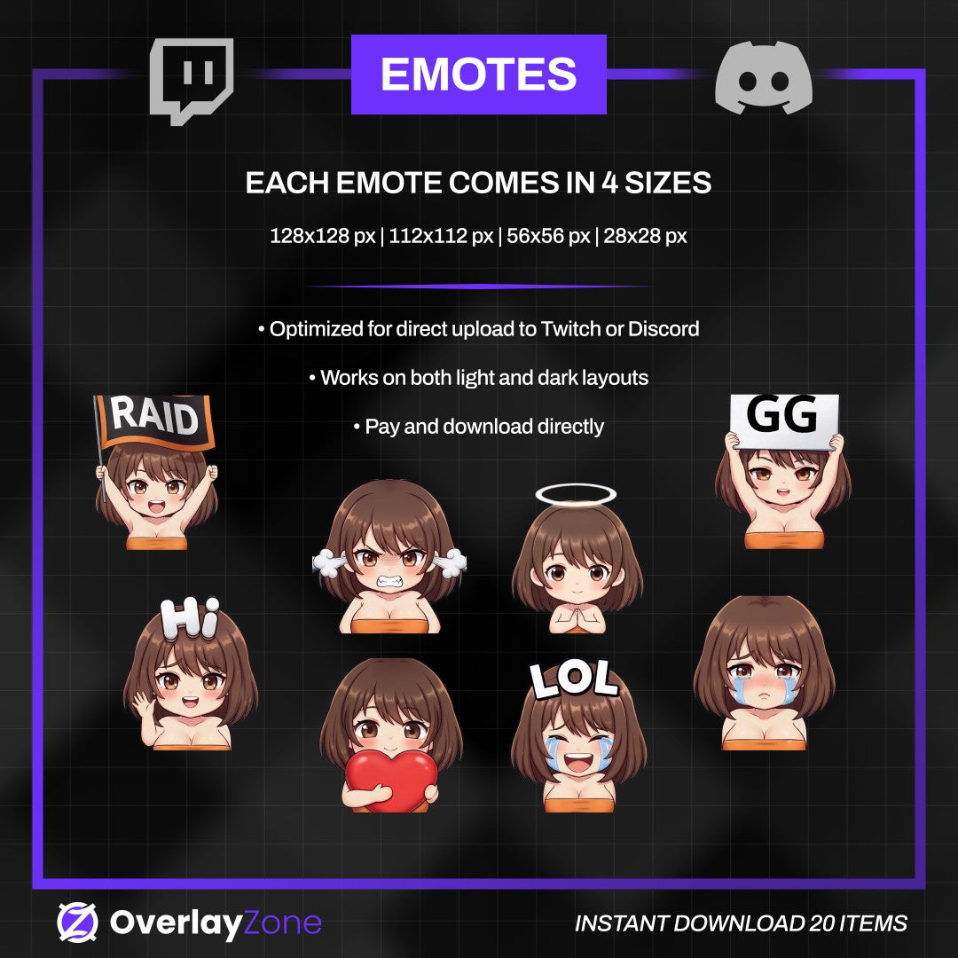 Animated Brown Hair Anime Girl Emotes | 8 Cute Waifu GIFs for Twitch, Kick, Discord | Egirl Graphics, Sub Badges | Instant Download