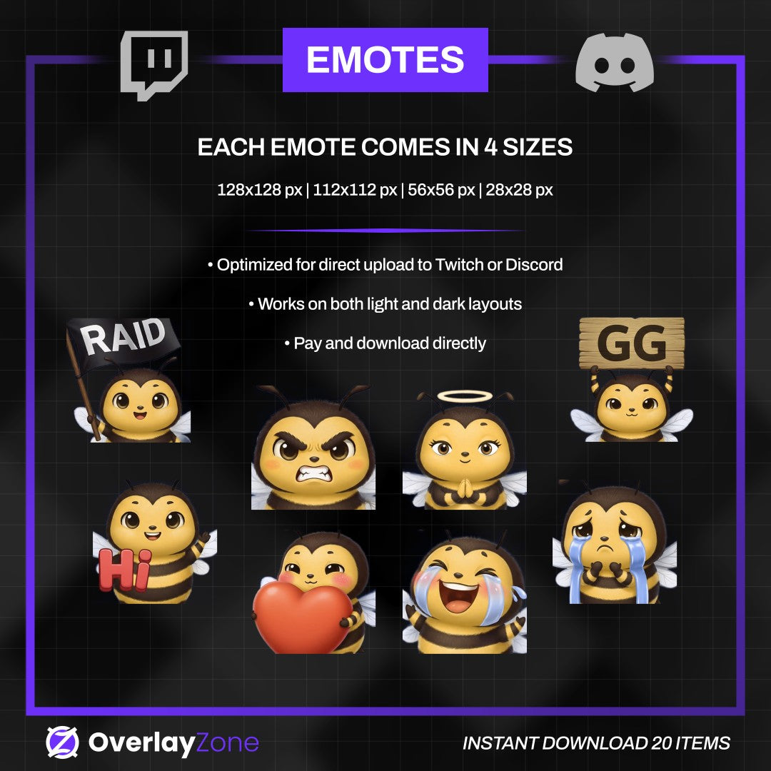 Animated Bee Emotes Pack | 8 Cute Honey Bee GIFs for Twitch, Discord | Kawaii Streamer Graphics, Sub Badges | Instant Digital Download