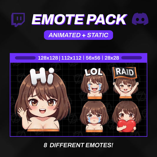 Animated Brown Hair Anime Girl Emotes | 8 Cute Waifu GIFs for Twitch, Kick, Discord | Egirl Graphics, Sub Badges | Instant Download
