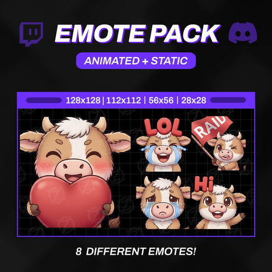Animated Cow Emotes Pack | 8 Cute GIFs for Twitch, Discord | Kawaii Streamer Graphics, Sub Badges | Instant Digital Download