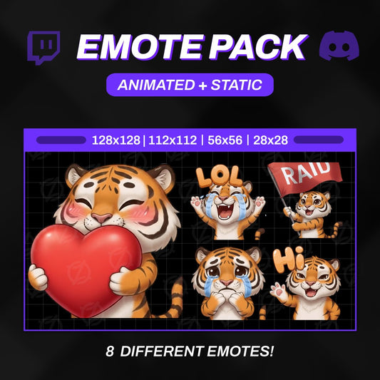 Animated Tiger Emotes Pack | 8 Cute Tiger GIFs for Twitch, Discord | Kawaii Streamer Graphics, Sub Badges | Instant Digital Download