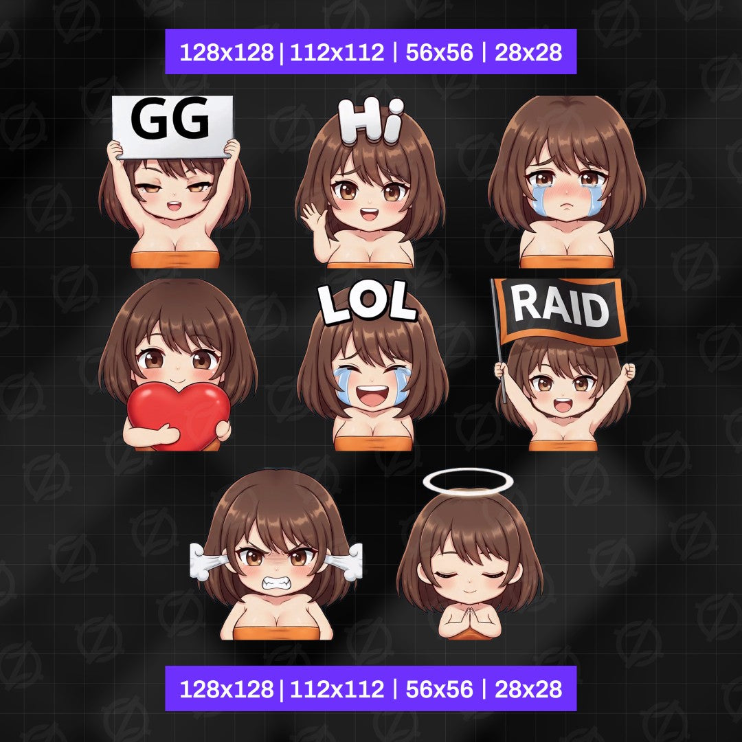 Animated Brown Hair Anime Girl Emotes | 8 Cute Waifu GIFs for Twitch, Kick, Discord | Egirl Graphics, Sub Badges | Instant Download