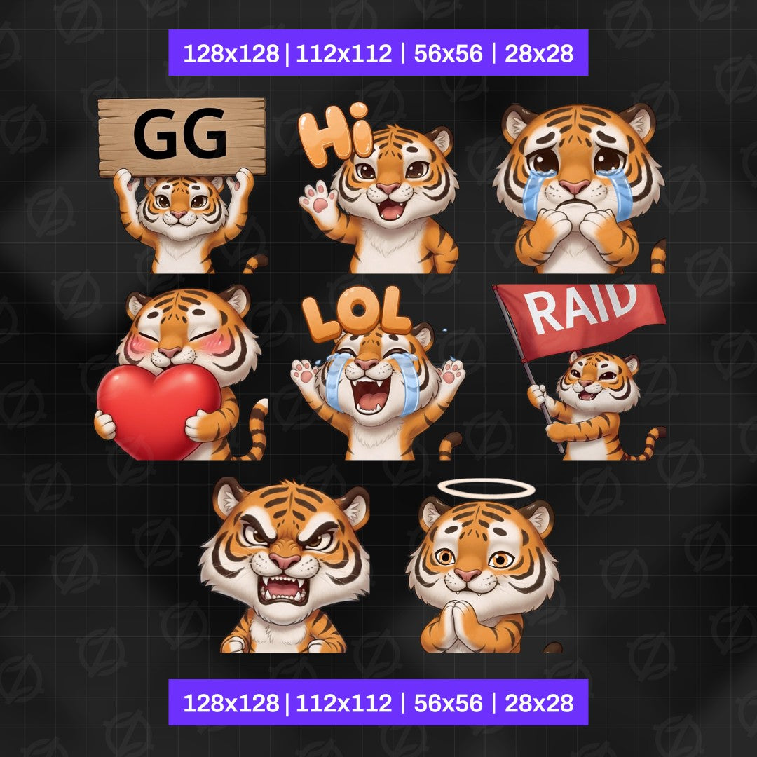Animated Tiger Emotes Pack | 8 Cute Tiger GIFs for Twitch, Discord | Kawaii Streamer Graphics, Sub Badges | Instant Digital Download