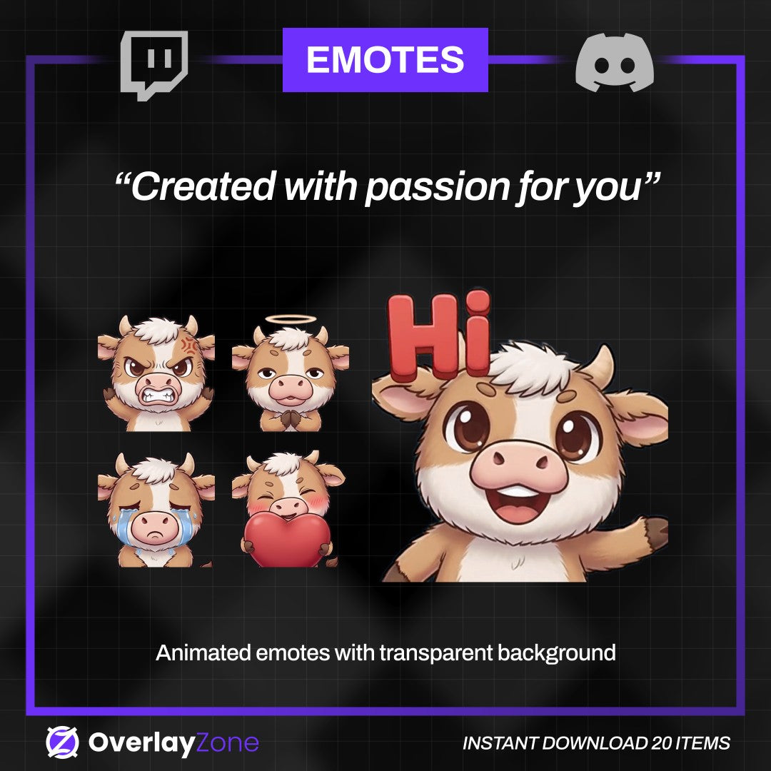 Animated Cow Emotes Pack | 8 Cute GIFs for Twitch, Discord | Kawaii Streamer Graphics, Sub Badges | Instant Digital Download