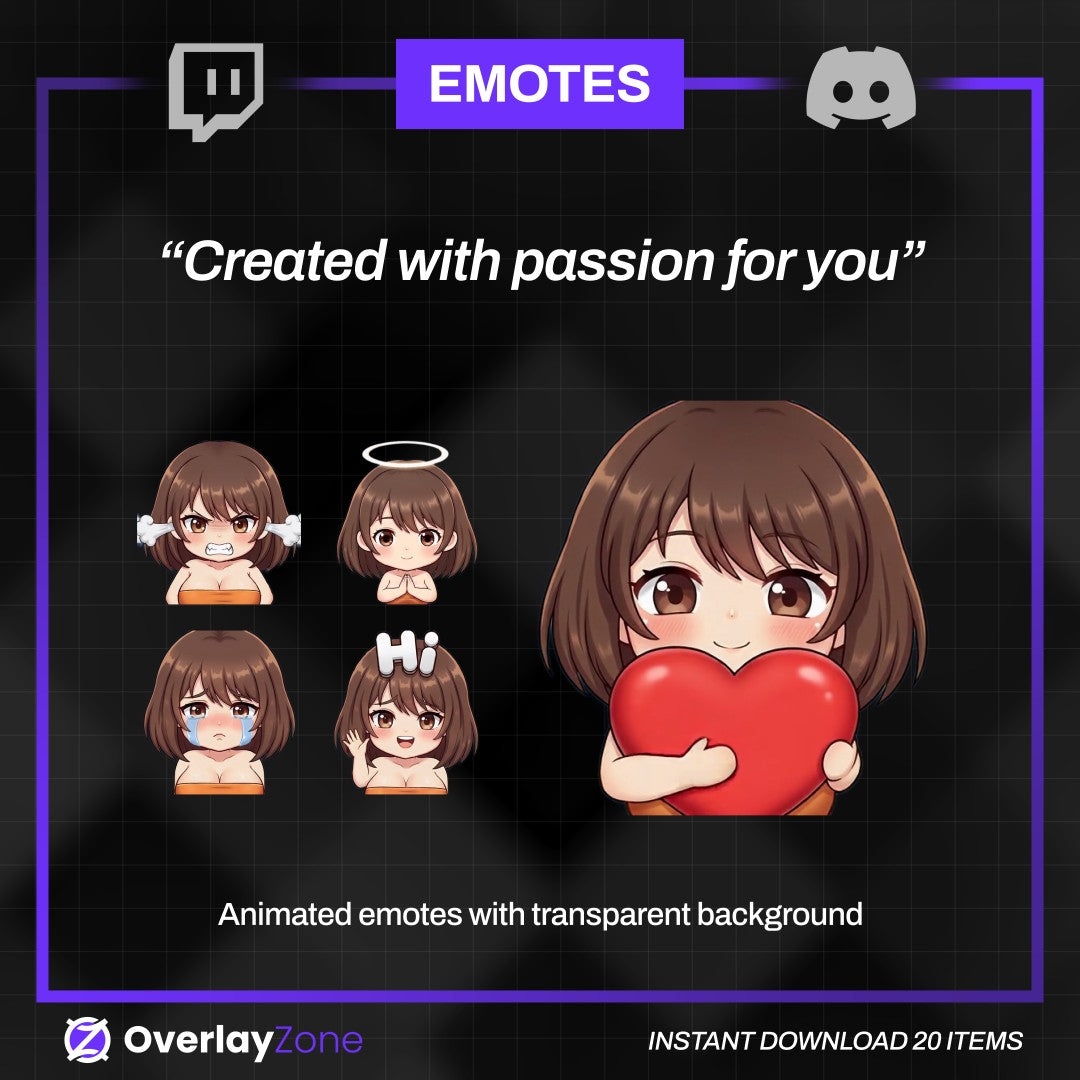 Animated Brown Hair Anime Girl Emotes | 8 Cute Waifu GIFs for Twitch, Kick, Discord | Egirl Graphics, Sub Badges | Instant Download