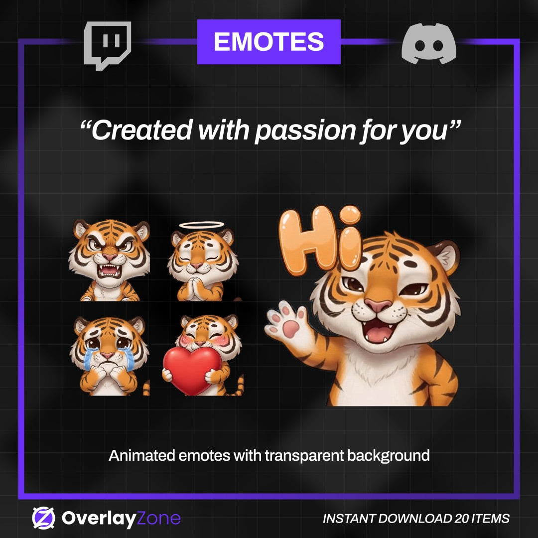 Animated Tiger Emotes Pack | 8 Cute Tiger GIFs for Twitch, Discord | Kawaii Streamer Graphics, Sub Badges | Instant Digital Download