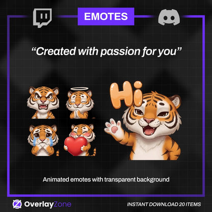 Animated Tiger Emotes Pack | 8 Cute Tiger GIFs for Twitch, Discord | Kawaii Streamer Graphics, Sub Badges | Instant Digital Download