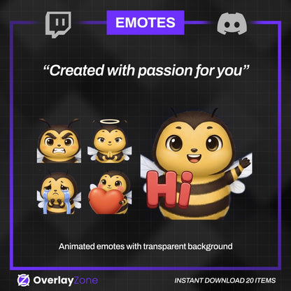 Animated Bee Emotes Pack | 8 Cute Honey Bee GIFs for Twitch, Discord | Kawaii Streamer Graphics, Sub Badges | Instant Digital Download