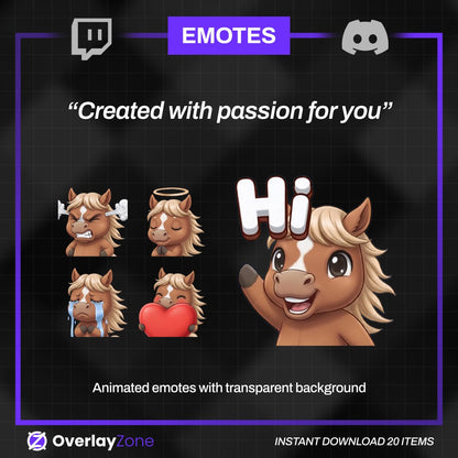 Animated Horse Emotes Pack | 8 Cute Pony GIFs for Twitch, Discord | Kawaii Equestrian Streamer Graphics, Sub Badges | Instant Download