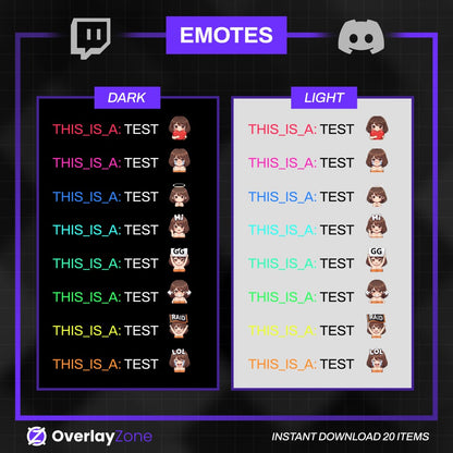 Animated Brown Hair Anime Girl Emotes | 8 Cute Waifu GIFs for Twitch, Kick, Discord | Egirl Graphics, Sub Badges | Instant Download