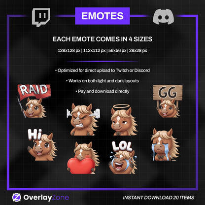 Animated Horse Emotes Pack | 8 Cute Pony GIFs for Twitch, Discord | Kawaii Equestrian Streamer Graphics, Sub Badges | Instant Download